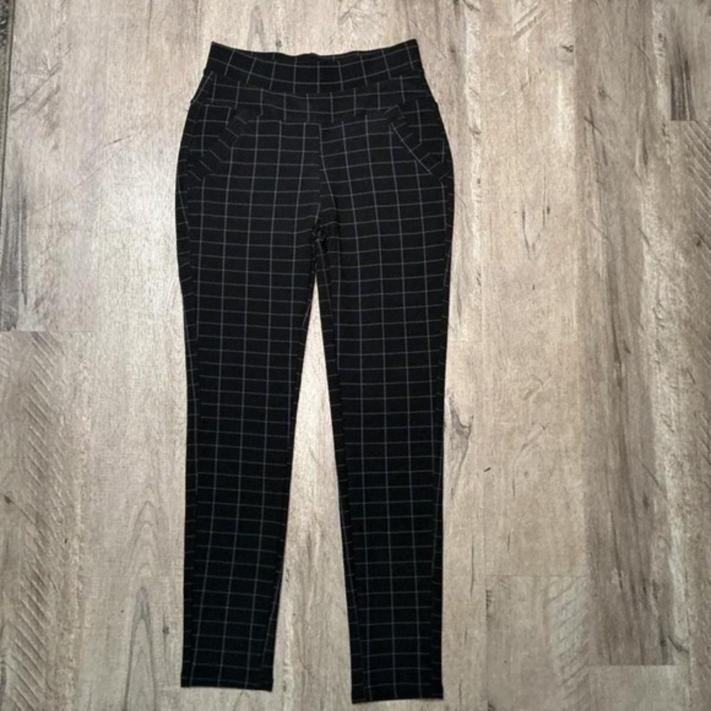 Plaid Windowpane High Waist Pocket Leggings Size M Black Grey Stretch Grunge Alt